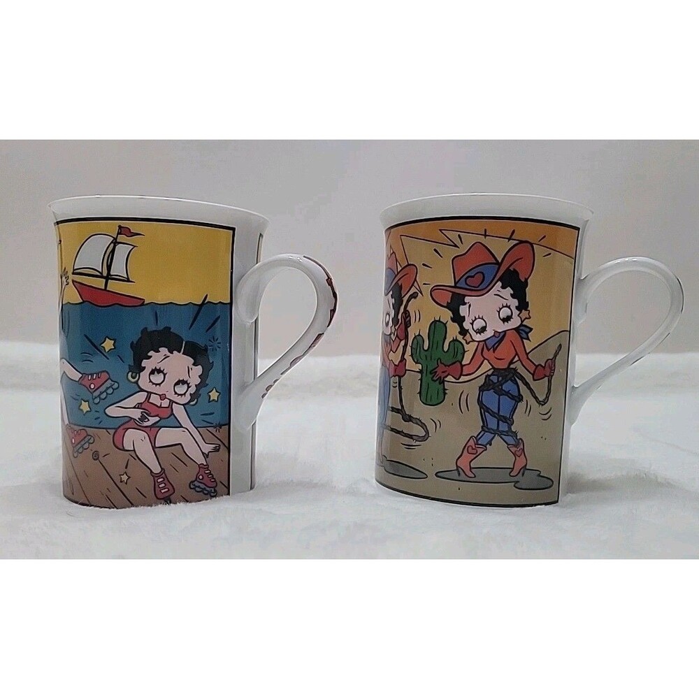 Betty Boop Set of 2 Porcelain Collector Mugs, Danbury Mint Cartoon Scenes 80s